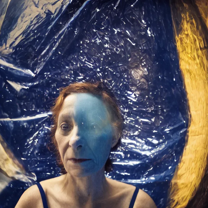 Image similar to closeup portrait of a woman wrapped in dark blue cellophane, standing in an empty planetarium, color photograph, by paula rego, canon eos c 3 0 0, ƒ 1. 8, 3 5 mm, 8 k, medium - format print