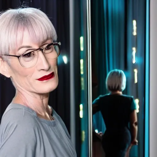 Prompt: Nana Visitor admiring her own reflection in the mirror, Getty Images, 4k, DLSR