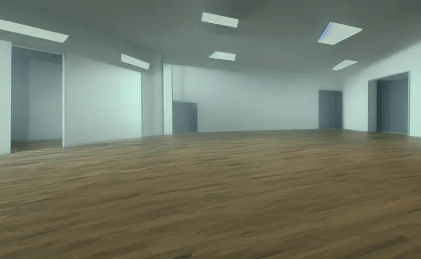 Prompt: empty room, open floor, large random with colourful 3 d objects, unreal engine and v - ray render.