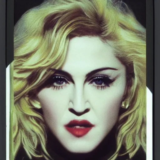 Image similar to polaroid picture, madonna - like a virgin live blond ambition tour, perfect face, symmetrical face, fine details, ethereal, trending on artstation