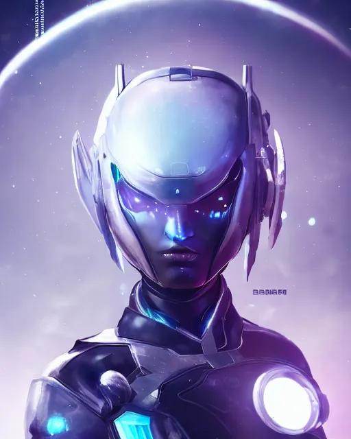 Image similar to perfect android girl on a mothership, warframe armor, beautiful face, scifi, futuristic, galaxy, nebula, raytracing, dreamy, long white hair, blue cyborg eyes, sharp focus, cinematic lighting, highly detailed, artstation, divine, by gauthier leblanc, kazuya takahashi, huifeng huang