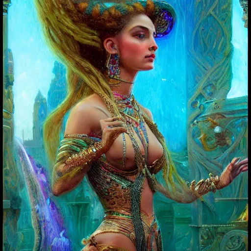 Image similar to artstation, intricate details, hyper details, by gaston bussiere, tan skin sumerian mystic lady of elche, egyptian sumerian features, techno mystic intergalactica electronic pop star, with aqua neon rapunzel dreadlocks,