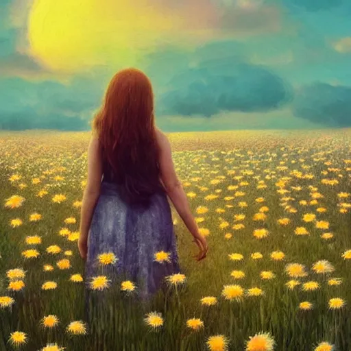 Image similar to head made of daisies, girl standing in a vast flower field, holding flowers, surreal photography, sunrise dramatic light, impressionist painting, colorful clouds, large sky, digital painting, artstation, simon stalenhag, flower face