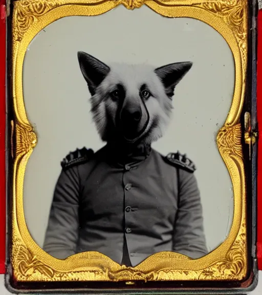 Image similar to professional studio photo portrait of anthro anthropomorphic albino german shepard head animal person fursona serious wearing elaborate military general uniform clothes degraded medium by Louis Daguerre daguerreotype tintype