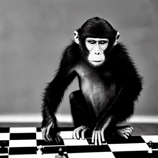 Image similar to black and white portrait photo of a monkey scratching his head, looking at a chess board, confused, annie liebovitz,