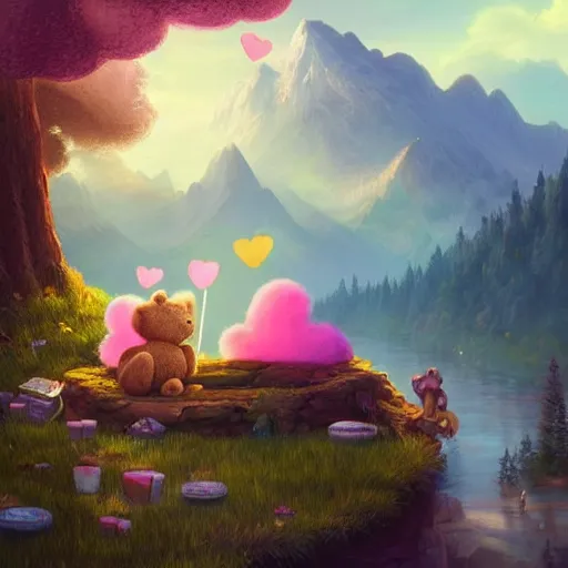 Prompt: a beautiful digital matte painting of an adorable teddy bear with fairy wings sleeping on a cloud of cotton candy, surrounded by candy and desserts, bright natural morning light, mountains river trees, pastel color palette, by andreas rocha and jeremiah ketner