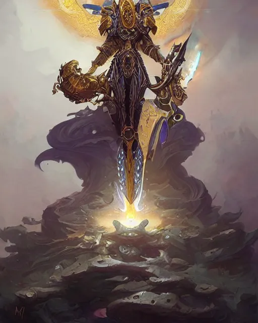 Prompt: Highly detailed Champion paladin in black gold intricate and ornate armor, unreal engine, fantasy art by peter mohrbacher, Greg Rutkowski, nielly, Rhads, radiant halo of light