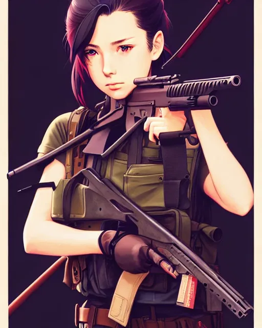 Image similar to girl holding a rifle | | very very anime!!!, fine - face, audrey plaza, realistic shaded perfect face, fine details. anime. realistic shaded lighting poster by ilya kuvshinov katsuhiro otomo ghost - in - the - shell, magali villeneuve, artgerm, jeremy lipkin and michael garmash and rob rey