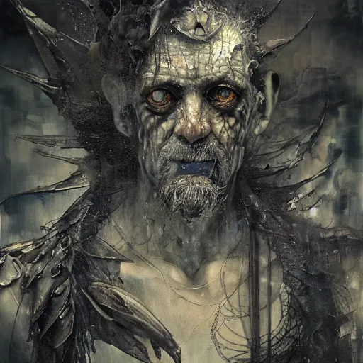 Image similar to mutant fishman sailor old man with gills and scales creatures from the deep ocean by emil melmoth zdzislaw beksinki craig mullins yoji shinkawa realistic render ominous detailed photo atmospheric by jeremy mann francis bacon and agnes cecile ink drips paint smears digital glitches glitchart