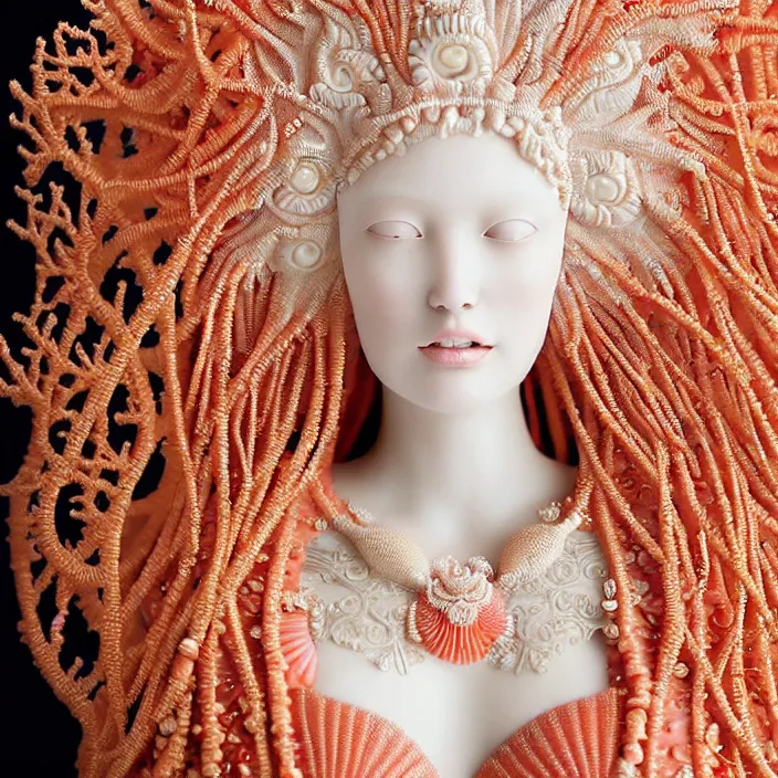 Image similar to photo portrait of a beautiful woman like a nynph-sea-angel, dressed in long elegant intricate ornamental coral and shells white dress, natural skin tone, intricate fractal highly detailed coral and shells ornament in the upper side of breast, bust with a very long neck , elegant, highly detailed intricate coral and shells ornament in her blond long hair, Realistic, Refined, Highly Detailed, Cinematic Lighting, fine art photography by Paolo Roversi, volumetric lighting, hyper realistic photography, dramatic colors scheme