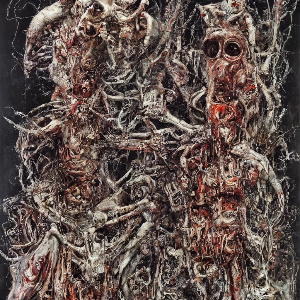 Image similar to Moloch full body shot, hyper-realistic oil painting, Body horror, biopunk, by Ralph Steadman, Francis Bacon, Hunter S Thompson