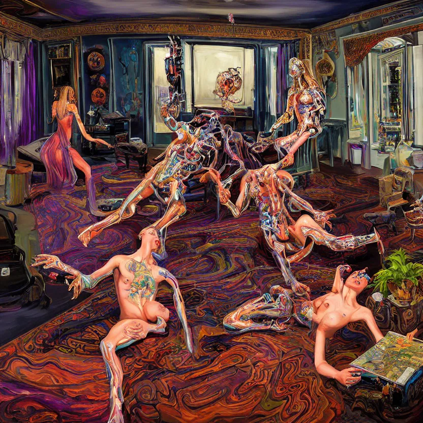 Image similar to a highly detailed beautiful masterpiece painting of a technomancer man and woman start to bounce in a living room of a house. There is one living room plant to the side of the room, surrounded by synthesized AI djinn hologram, cover artwork by francis bacon and Jenny seville and andy warhole, midnight hour, part by adrian ghenie, part by jeffrey smith, part by josan gonzales, part by norman rockwell, part by phil hale, part by kim dorland, artstation, highly detailed