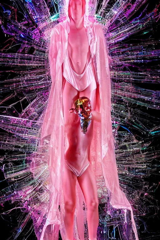 Prompt: full-body rococo and cyberpunk delicate crystalline sculpture of a muscular iridescent slender Spanish male as a humanoid deity wearing a thin see-through plastic hooded cloak sim roupa, reclining con las piernas abiertas, glowing pink face, crown of white lasers, large diamonds, swirling black silk fabric. futuristic elements. oozing glowing liquid, full-length view. space robots. human skulls. throne made of bones, intricate artwork by caravaggio. Trending on artstation, octane render, cinematic lighting from the right, hyper realism, octane render, 8k, depth of field, 3D