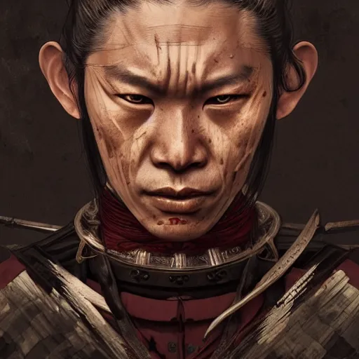 Image similar to Sickly diseased dying Samurai warrior, portrait by Cedric Peyravernay, highly detailed, excellent composition, cinematic concept art, dramatic lighting, trending on ArtStation