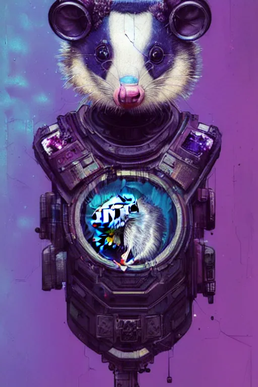 Image similar to a beautiful portrait of a cute cyberpunk opossum by sandra chevrier and greg rutkowski and wlop, purple blue color scheme, high key lighting, volumetric light, digital art, highly detailed, fine detail, intricate, ornate, complex, octane render, unreal engine, photorealistic