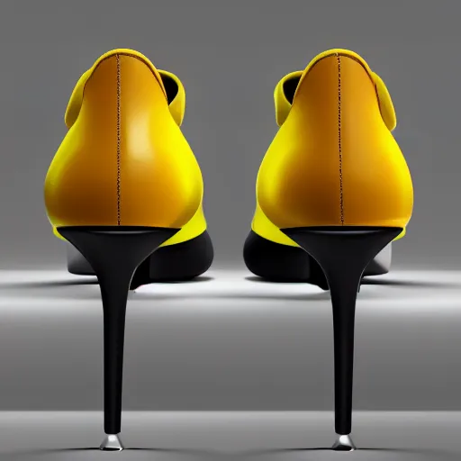 Prompt: a pair of shoes that are on a yellow ground, a computer rendering by milton glaser, trending on behance, retrofuturism, futuristic, future tech, skeuomorphic