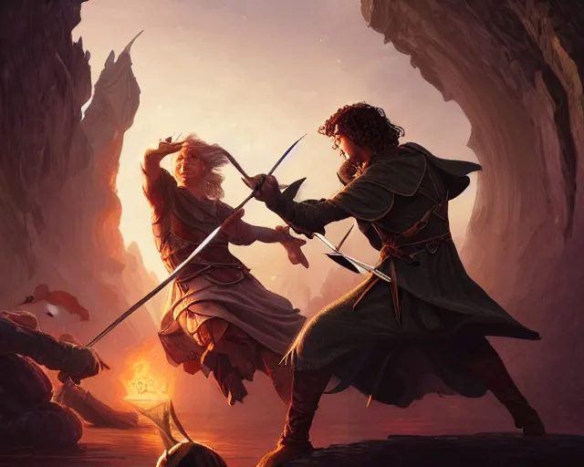 Prompt: frodo fighting legolas, deep focus, d & d, fantasy, intricate, elegant, highly detailed, digital painting, artstation, concept art, matte, sharp focus, illustration, hearthstone, art by artgerm and greg rutkowski and alphonse mucha