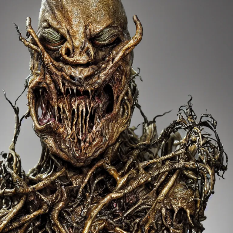 Image similar to photo taken of an epic intricate, ultra detailed, super realistic gritty, wet, lifelike sculpture of a nightmarish hellish alien ghoulish creature created by weta workshop, zoomed in shots, subsurface scattering, photorealistic, sharp focus, white wall coloured workshop, cold colour temperture, f 0. 4, face centred, golden ratio, golden hour