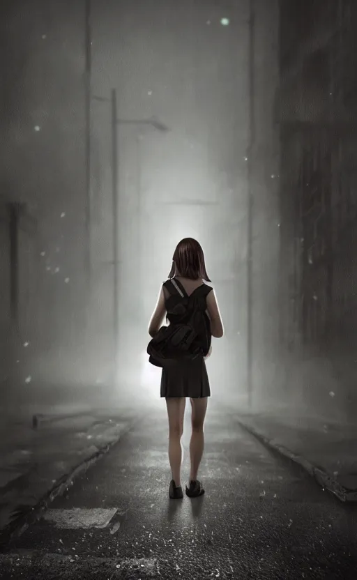 Image similar to school girl walking at night, gloomy and foggy atmosphere, octane render, cgsociety, artstation trending, horror scene, highly detailded