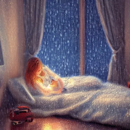 Image similar to on a rainy day, someone sits in bed, curled up under the covers, looking out the window, cinematic, artstation, extremely detailed, intricate, cinematic lighting, art by pierre - auguste renoir