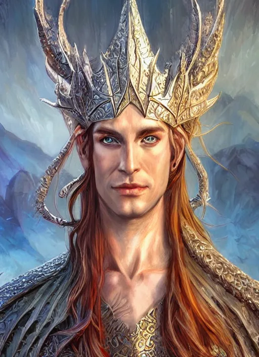 Image similar to elegant elven king, ultra detailed fantasy, dndbeyond, bright, colourful, realistic, dnd character portrait, full body, pathfinder, pinterest, art by ralph horsley, dnd, rpg, lotr game design fanart by concept art, behance hd, artstation, deviantart, hdr render in unreal engine 5