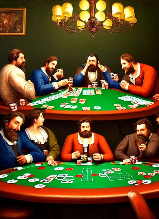 Prompt: large computer table octoberfest invite card, men playing poker, green felt, angry, screaming, many beer bottles, drunk, photoshoot, 4 k, hyper realistic, natural, highly detailed, digital illustration, trending in artstation, classical painting, smooth, sharp focus art by ilya repin