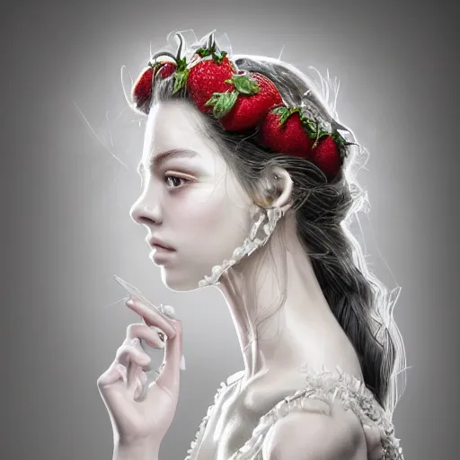 Prompt: the portrait of an absurdly beautiful, graceful, elegant, sophisticated, fashionable young woman made of strawberries and white petals with tears, an ultrafine hyperdetailed illustration by kim jung gi, irakli nadar, intricate linework, bright colors, octopath traveler, final fantasy, unreal engine 5 highly rendered, global illumination, radiant light, detailed and intricate environment