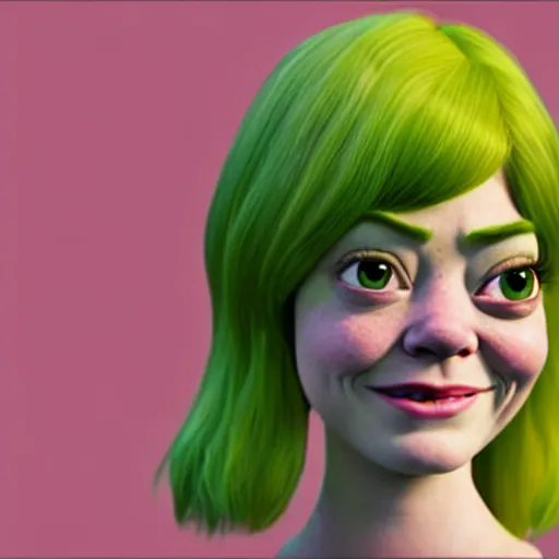 Image similar to Emma Stone as a female version of Shrek, she has shrek nose, ears features, with green skin, fully detailed, high quality , 4k , octane render , soft lightening , masterpiece