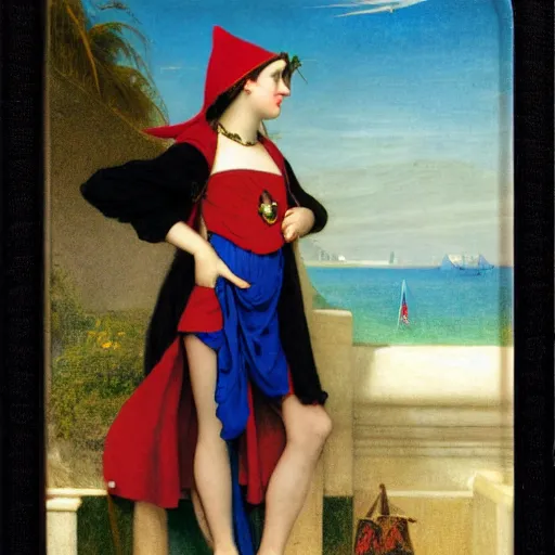 Image similar to A girl with jester hat and clothes on the front of a Balustrade with a beach on the background, major arcana cards, by paul delaroche, hyperrealistic