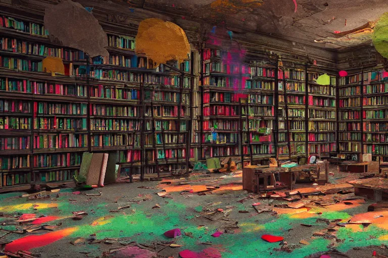 Prompt: abandoned library, colourfull! seen from inside, Smoke, Dirt, leaves on ground, octane render, substance painter, zbrush. Trending on artstation. 8K. Highly detailed.