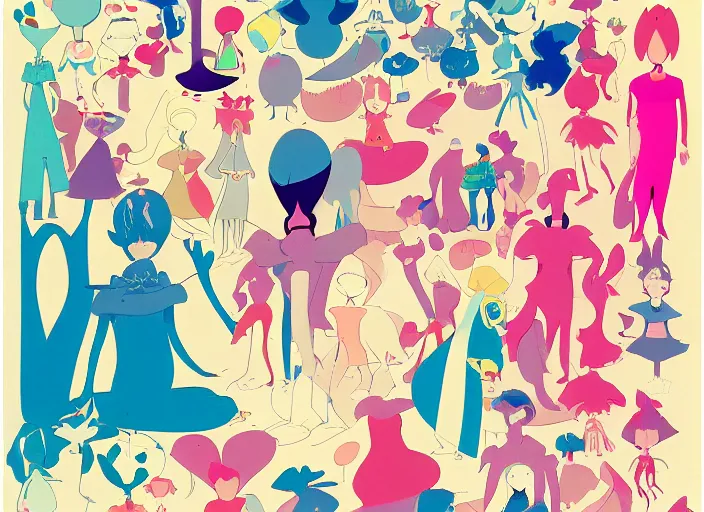 Image similar to character shape design exploration silhouettes of a delicate nubile waifish princess, minimalist mixed media layout from masaaki yuasa ( 1 9 9 7 )