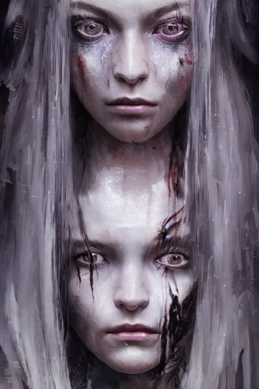 Image similar to a fancy portrait of a young ripped girl with long white hair by greg rutkowski, sung choi, mitchell mohrhauser, maciej kuciara, johnson ting, maxim verehin, peter konig, bloodborne, 8 k photorealistic, cinematic lighting, hd, high details, dramatic, dark atmosphere, trending on artstation