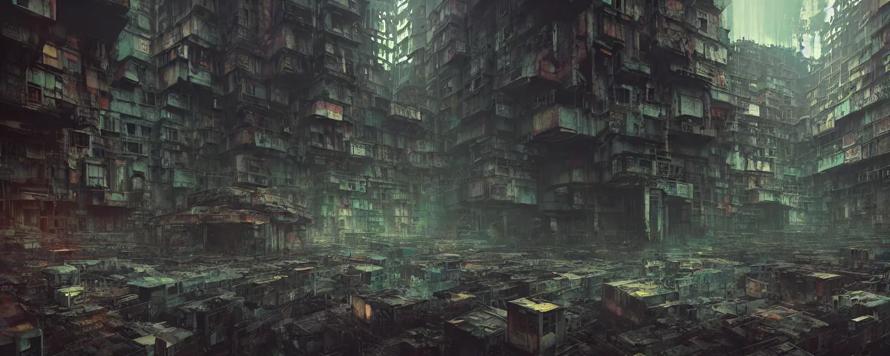 Prompt: duotone noir concept illustration inside of kowloon walled city stimulus overload, octane render, concept hideo kojima surreal atmosphere, abandoned buildings volumentric lighting. cosmic horror. accidental renaissance. by sachin teng and sergey kolesov and ruan jia and heng z. graffiti art, scifi, fantasy, hyper detailed. trending on artstation