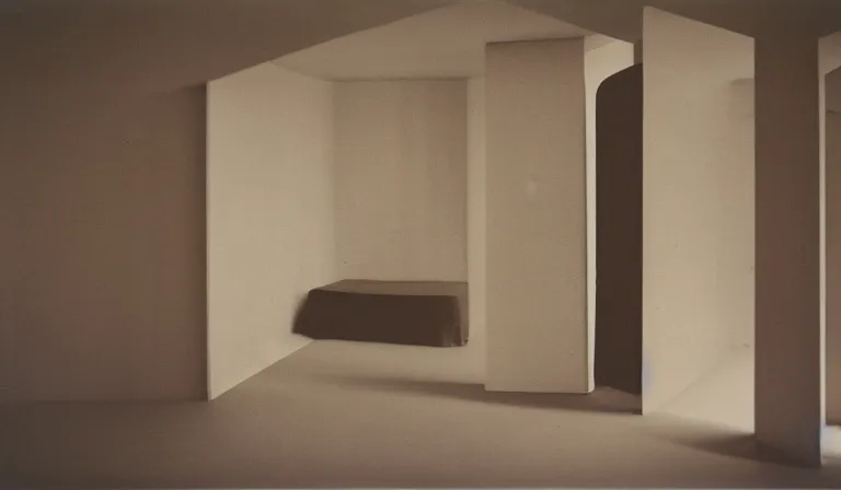 Prompt: A bedroom designed by Constantin Brancusi, 35mm film, long shot