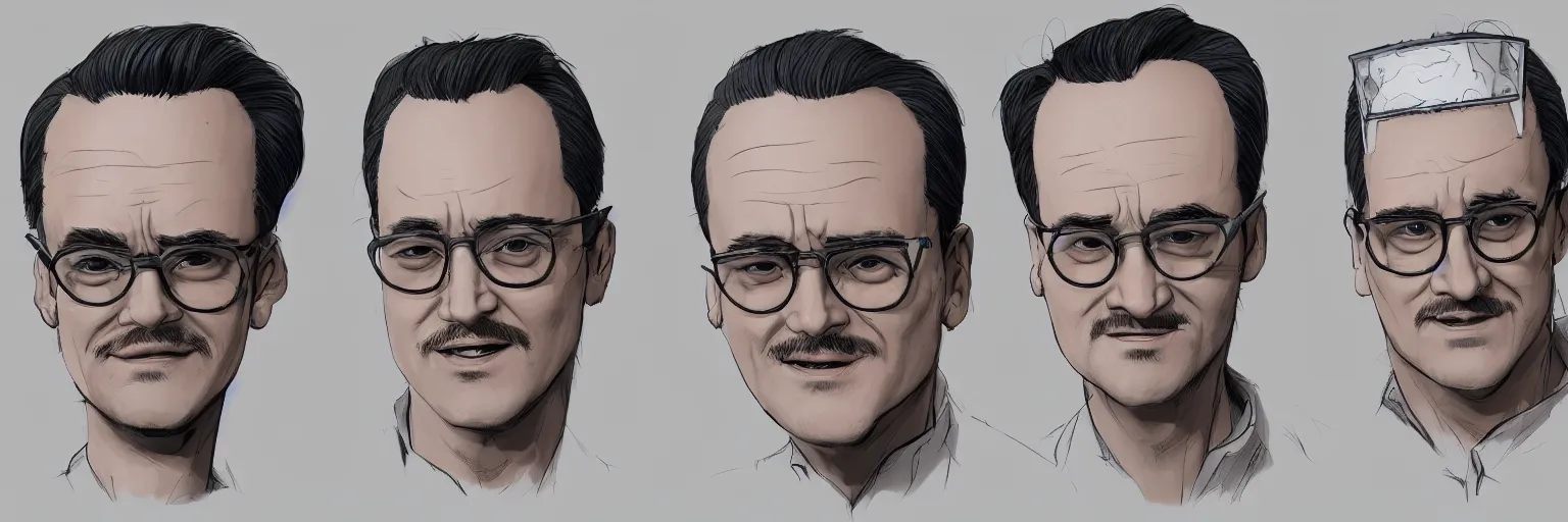 Prompt: colored character study of mike patton and todd dolonds, clear, evil, glasses, character sheet, fine details, concept design, contrast, kim jung gi, da vinci and pixar, trending on artstation, 8 k, full body and head, turnaround, front view, back view, ultra wide angle