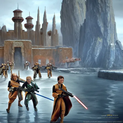 Prompt: Star Wars Prequels Clones storming a castle, hyper detailed, realism, award-winning, 4k