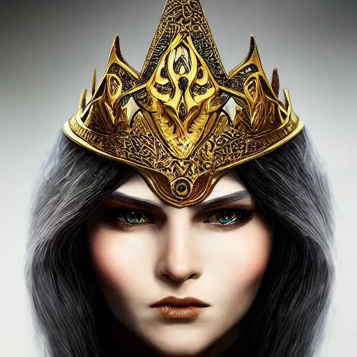 Image similar to beautiful female cleric with long black hair and a golden eye, focus on face, jewellery, fantasy, medieval, still, photograph, highly detailed, cinematic, dramatic, dynamic lighting, award winning, masterpiece, trending on artstation