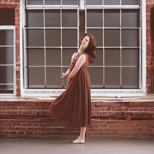 Image similar to a photo of a beautiful brown hair woman in a sun dress in a studio, an industrial studio with large windows and red brick walls, medium shot, 85mm lens, Kodak Portra 400 film, trending on Instagram