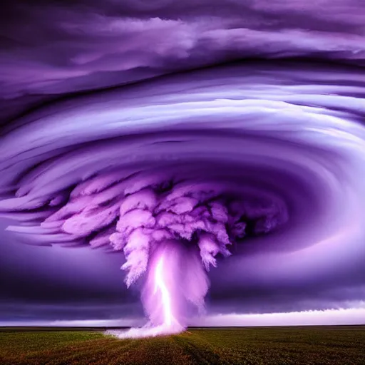 Image similar to amazing photo of purple clouds in the shape of a tornado by marc adamus, digital art, beautiful dramatic lighting