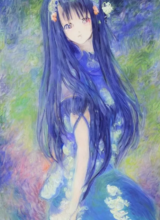 Image similar to a portrait of a moon princess, blue outfit, very anime in impressionist style, trending artwork, anime painter studio, by claude monet