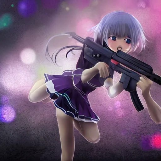 Image similar to advanced digital anime art, Sakimichan , a small school girl with silver hair wearing a violet dress and bare feet aiming through a PSG1 sniper rifle, DOF, Gaussian Blur, —W 1920