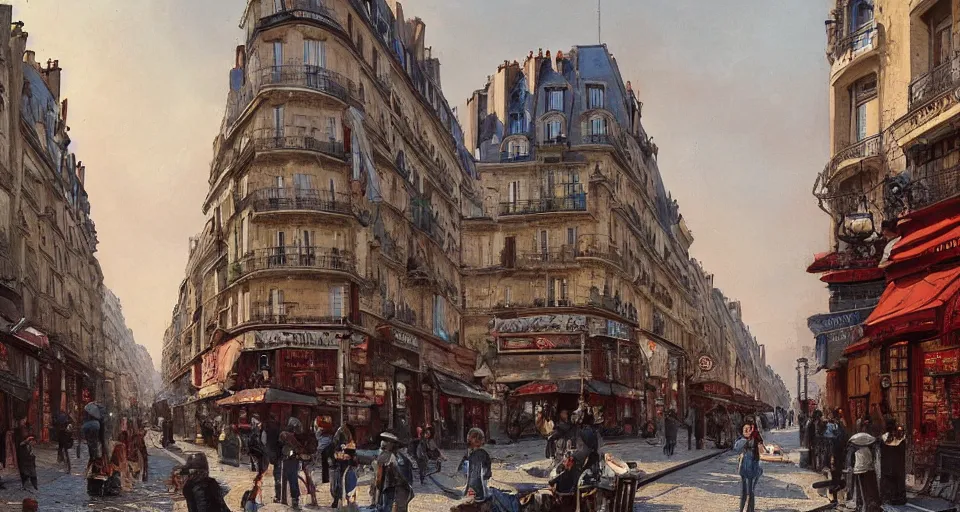 Image similar to paris 1888, street scene, street level, hyperdetailed, vivid colors, artstation, cgsociety, 8k