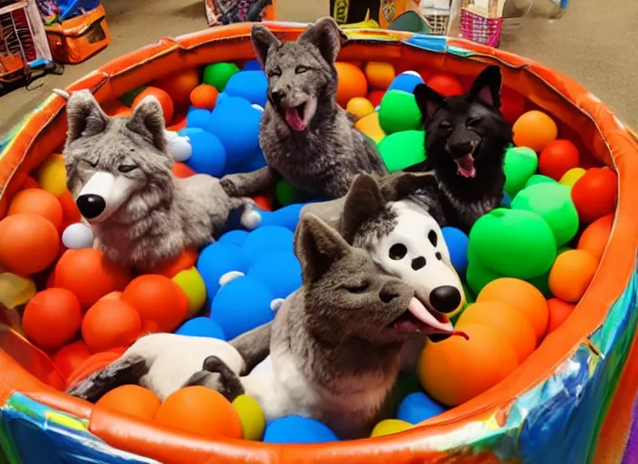 Prompt: Five furries in a ball pit having fun