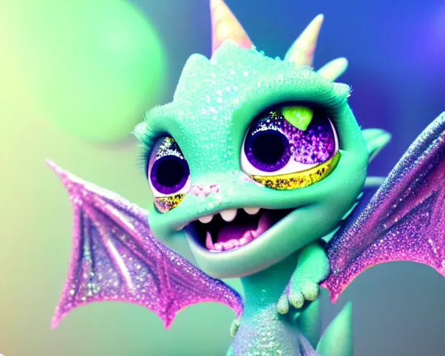 Prompt: character design of a cute baby dragon, big eyes, soft scale texture, pastel colours, colorful, shiny glitter crystals, cute, adorable, pixar animation style, detailed, soft light, octane render, cute, 4 k,