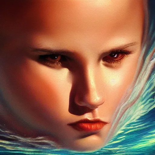 Prompt: cinematic shot oil painting of the ocean, hyper realistic, mood lighting, fantasy, detailed face, highly detailed, super realistic, perfect lighting