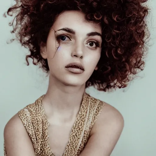 Image similar to a photo of a beautiful woman with curly hair, dreamy, nostalgic, fashion editorial, studio photography, magazine photography, earth tones