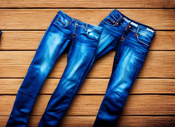 Prompt: clear highly detailed photorealistic topdown mockup product photograph of a realistic folded!! pair of realistic blue jeans on a wooden background