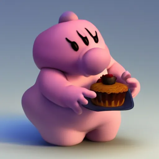 Image similar to a 3 d render of a morbidly obese kirby eating cake