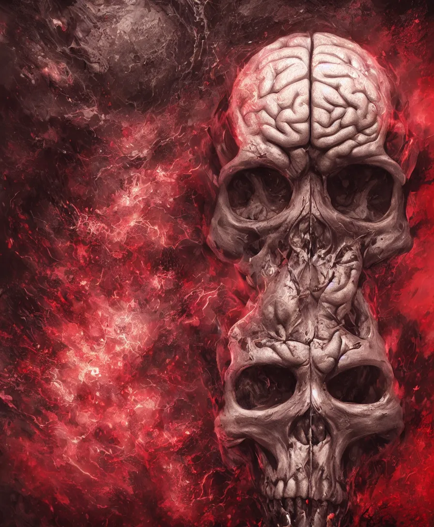 Prompt: hyper realistic brain skull, art by greg rutkowski, intricate, ultra detailed, photorealistic, black and red colors, trending on artstation, octane render, 4 k, 8 k