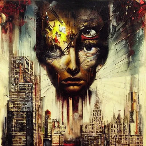 Prompt: the city by karol bak, banksy, simon bisley, guy denning, mimmo rotella, ravi zupa